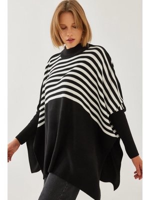 Siyah Çizgili Triko Panço