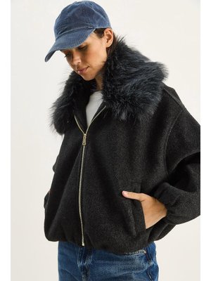 Antrasit Seyyar Kürk Yakalı Fermuarlı Kaşe Bomber Ceket