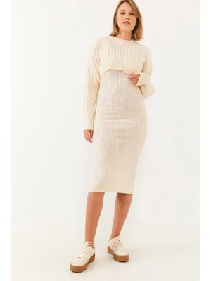 Bej Crop Triko Kazak Elbise Alt Üst Takım