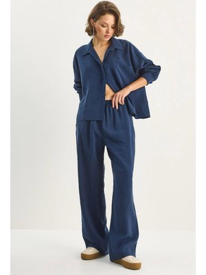 Lacivert Modal Tek Cepli Oversize Gömlek Yüksek Bel Bol Pantolon Takım