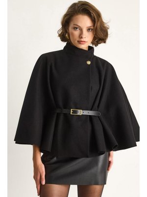 Siyah Gold Düğme Detaylı Kemerli Panço