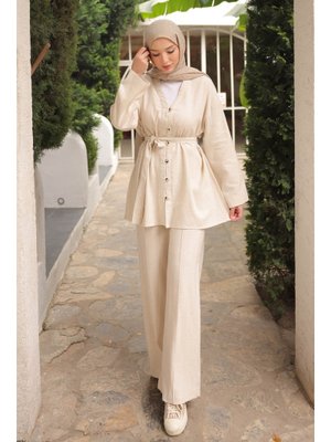 Taş Bel Kuşaklı Keten Tunik Pantolonlu Takım