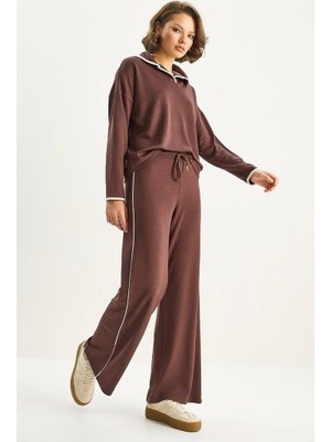 Kahverengi Polo Yaka Biye Detaylı Modal Alt Üst Takım