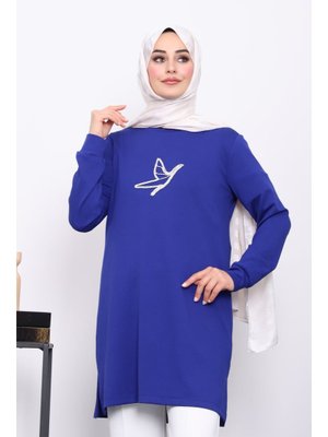Saks Mavi Taş Baskılı Modal Tunik
