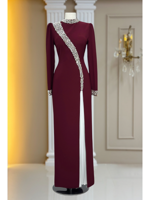 Bordo İnci Abiye Elbise