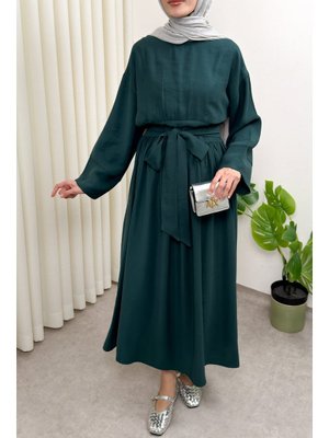 Zümrüt Yeşili Yüksek Bel Kuşak Bağlamalı Elbise