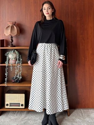 Beyaz Siyah Puantiyeli Keten Kloş Etek