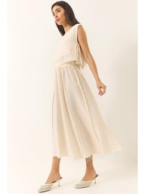 Taş Beli Lastikli Etek Yandan Bağlama Detaylı Crop Müslin Alt Üst Takım