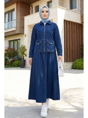 Taş İşlemeli Ceket Ve Beli Lastikli Kot Lacivert Etek İkili Takım