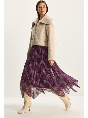 Patlıcan Ekose Desenli Kırışık Efektli Astarlı Midi Şifon Etek