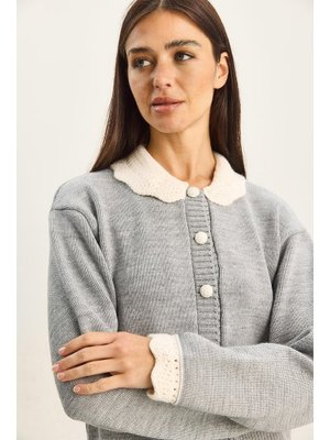 Gri Örgü Bebe Yaka Kol Detaylı Triko Hırka