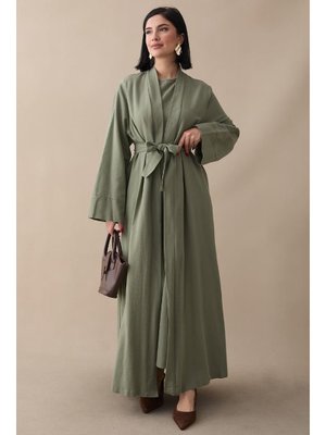 Truvakar Kol Abayalı Elbiseli Mint Yeşili Keten Takım