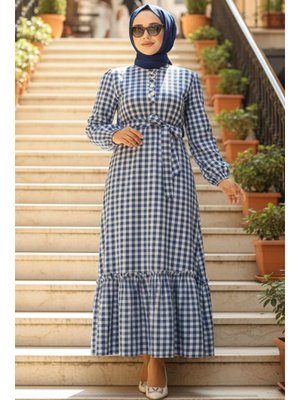 Kareli İndigo Mavisi Elbise 33940ım