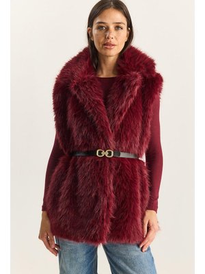 Bordo Ceket Yaka Astarlı Kemerli Kürk Yelek