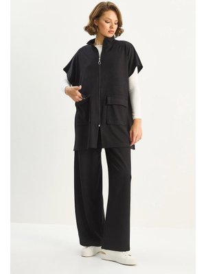 Siyah Beli Lastikli Büyük Cep Detaylı Yelek Bol Pantolon Alt Üst Modal Takım