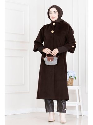 Acı Kahve Hakim Yaka Broş Düğme Detaylı Kaban