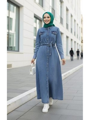 Boncuk İşlemeli Düğmeli Kuşaklı Kot Mavi Elbise