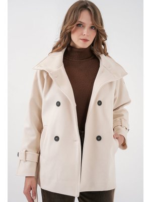 Ekru Kuşaklı Kaşe Kaban