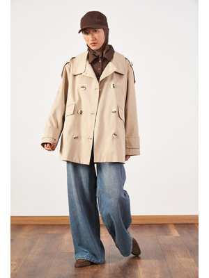 Bej Kısa Oversize Trençkot Kum