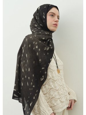 Siyah Fawn Desenli Pamuk Viskon Şal