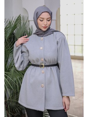 Gri Bel Lastikli Kemerli Kaşe Çeket