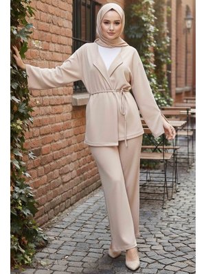 Krem Ceket Pantolon Bluz Modal Üçlü Takım