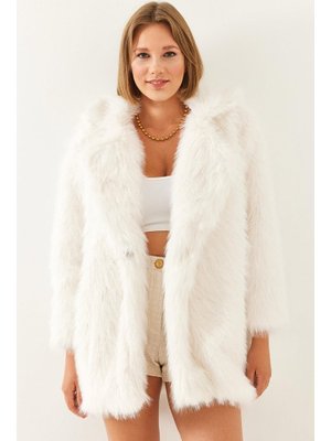 Ekru Premium Suni Uzun Kürk Ceket