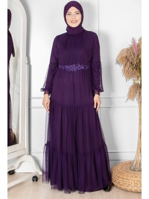 Mor Fırfır Güpür İşlemeli Tül Abiye