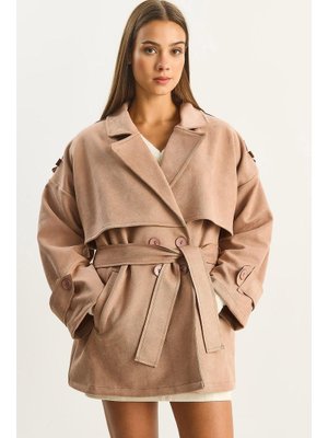 Soft Pudra Kruaze Yaka Aller Detaylı Apoletli Kuşaklı Cepli Süet Trençkot