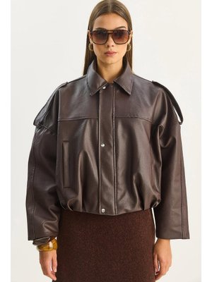 Acı Kahve Apolet Detaylı Cepli Oversize Suni Deri Bomber Ceket