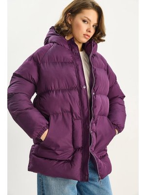 Mor Regular Fit Kapüşonlu Fermuarlı Astarlı Cepli Şişme Mont