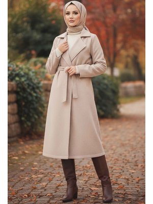 Bej Kuşaklı Kaşe Kaban