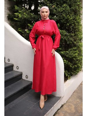 Fuşya Kuşaklı Kol Lastikli Fitilli Elbise