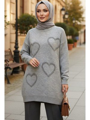 Kalp Desenli Gri Triko Kazak 8802gr