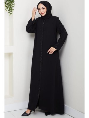 Siyah Zikzak Taşlı Ferace