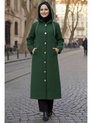 Zumrut Düğmeli Zincir Detaylı Kaşe Kaban Zümrüt