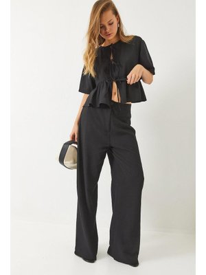 Siyah Bağlama Detaylı Kısa Kollu Bluz Pantolon Alt Üst Takım