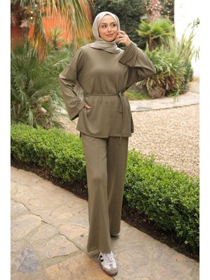 Haki Bel Bağlamalı Tunik Pantolonlu Modal Takım