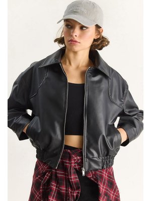 Siyah Oversize Belli Lastikli Suni Deri Bomber Ceket