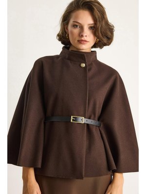 Kahve Gold Düğme Detaylı Kemerli Panço