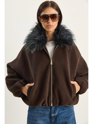 Acı Kahve Seyyar Kürk Yakalı Fermuarlı Kaşe Bomber Ceket