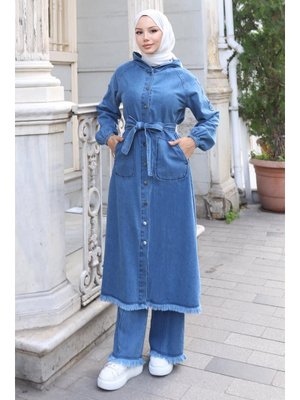 Açık Mavi Püskül Detaylı Kot Takım