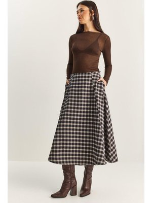 Lacivert Ekru Ekose Desenli Cep Detaylı A Kesim Uzun Etek