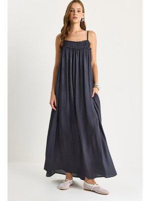 Füme Askılı Büzgülü Cep Detaylı Astarlı İnce Pamuklu Elbise