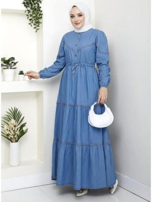 Dantel Detaylı Düğmeli Ve Bağcıklı Açık Kot Mavi Elbise