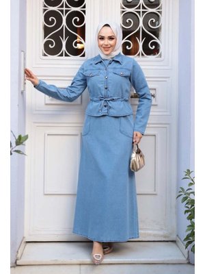 Mavi Kot Elbiseli İkili Takım 44652m