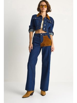 Lacivert Kadife Yaka Ceket Renk Bloklu Wide Leg Pantolon Denim Takım
