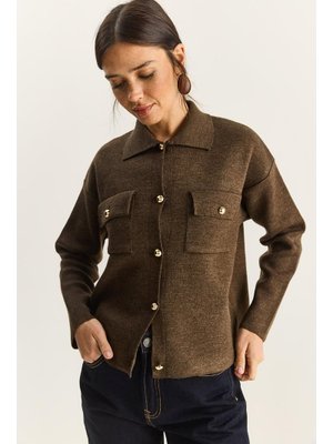 Kahverengi Gold Düğme Detaylı Cepli Triko Hırka