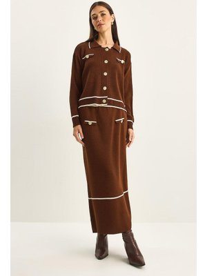 Acı Kahve Gold Düğme Detaylı Uzun Etekli Triko Alt Üst Takım