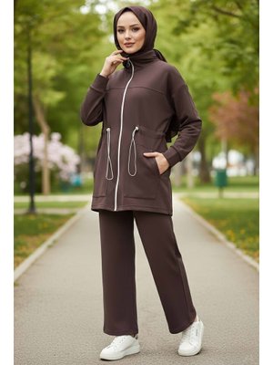 Kahve Belde Lastik Detaylı Fermuarlı Cepli Modal İkili Takım
